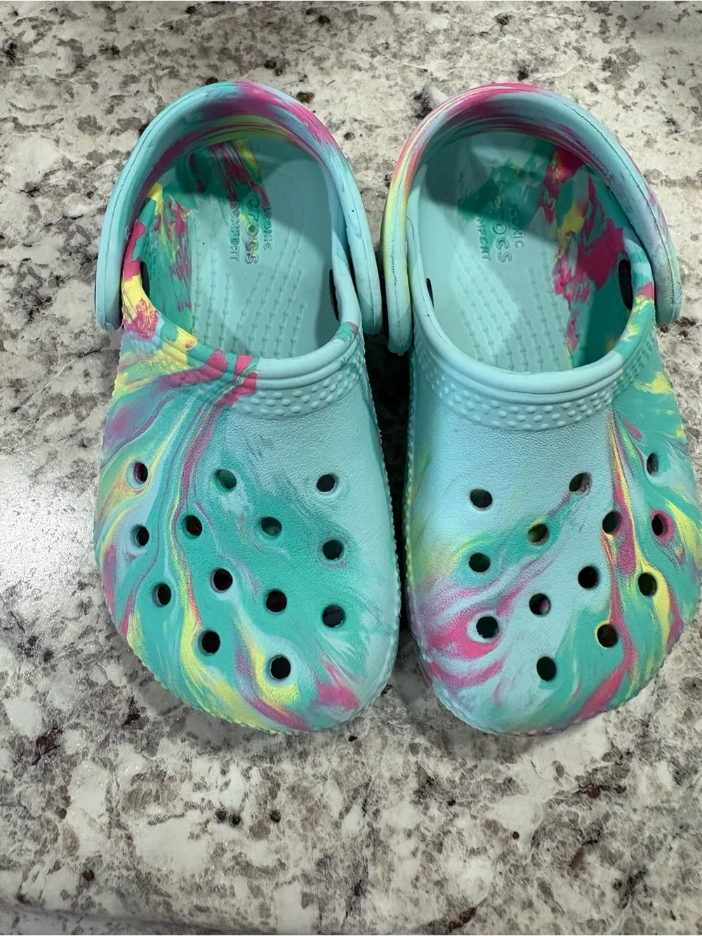 CROCS Kids Water Clogs in Turquoise with Pink & Yellow Swirl